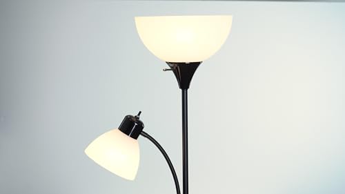 Globe Electric 67135 72" Torchiere Floor Lamp and Adjustable Reading Light, Matte Black, Frosted Shade, Dual Rotary Switch, 3-Step Dimming, Modern Lighting for Living Room or Office