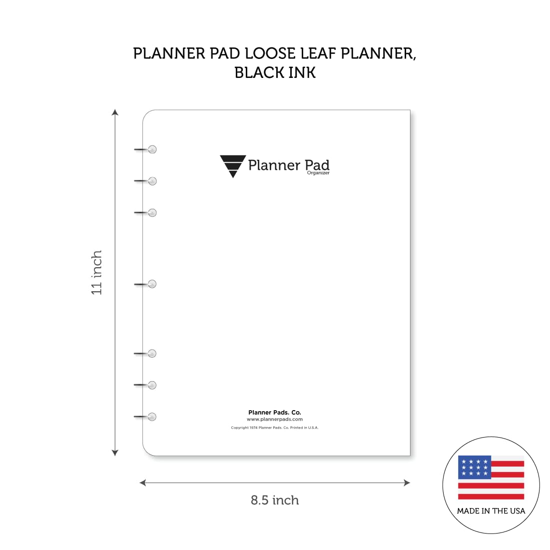 Planner Pad 7 Hole Loose Leaf January-December 2026/ Calendar Year 8 1/2" x 11" Large 3-Tier Funnel Down 12 Month Organizer,Black Ink, 8 1/2" x 11”