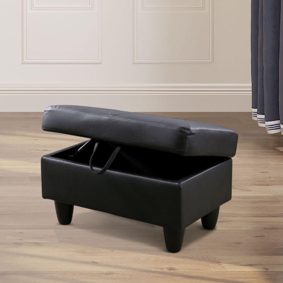 UOCFYK Black L-Shaped 3-Piece Faux Leather Sofa with Storage Ottoman Set, Sectional Couch Sofa Set for Living Room, Office, Small Space
