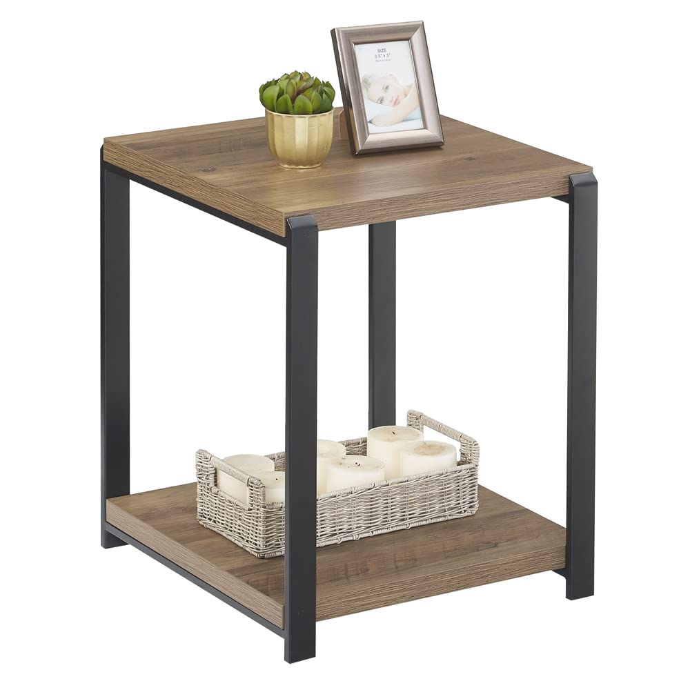 FOLUBAN Industrial End Table, Square Side Table with Storage Shelf for Living Room, Wood and Metal Nightstand, Oak