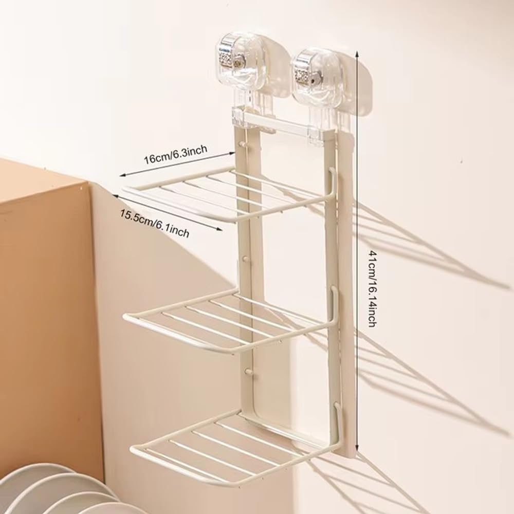 ELEFOCUS Suction Cup Kitchen Dish Storage Rack,3 Tier Food Preparation Tray,Wall Mounted Vegetable Tray Vegetable Preparation Rack,Multi-Layer Side Dish Storage Rack, Folding Non Perforated (White)
