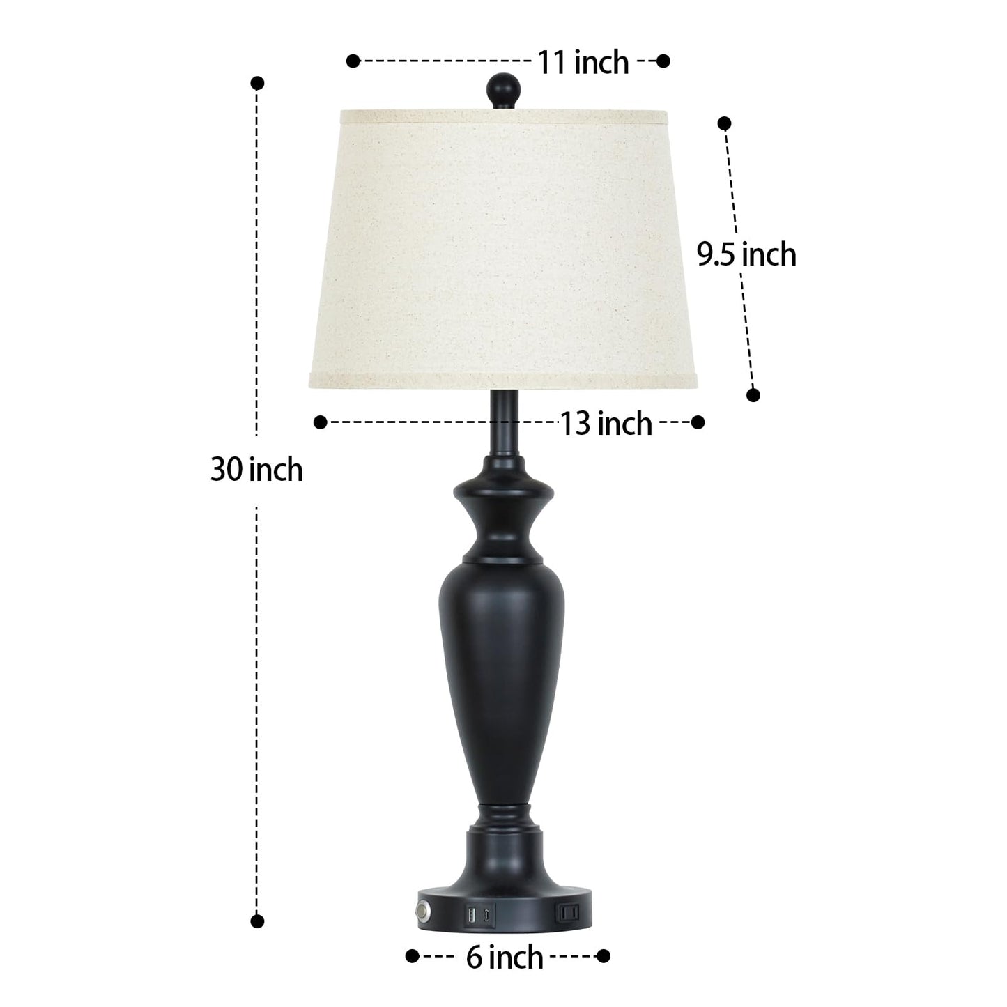 Cinyirong 30" Tall Table Lamps Set of 2, Touch Control Bedside Lamp with USB A+C Ports and AC Outlet, 3-Way Dimmable Modern Metal Nightstand Lamp for Bedroom Living Room, 2 LED Bulbs Included, Black