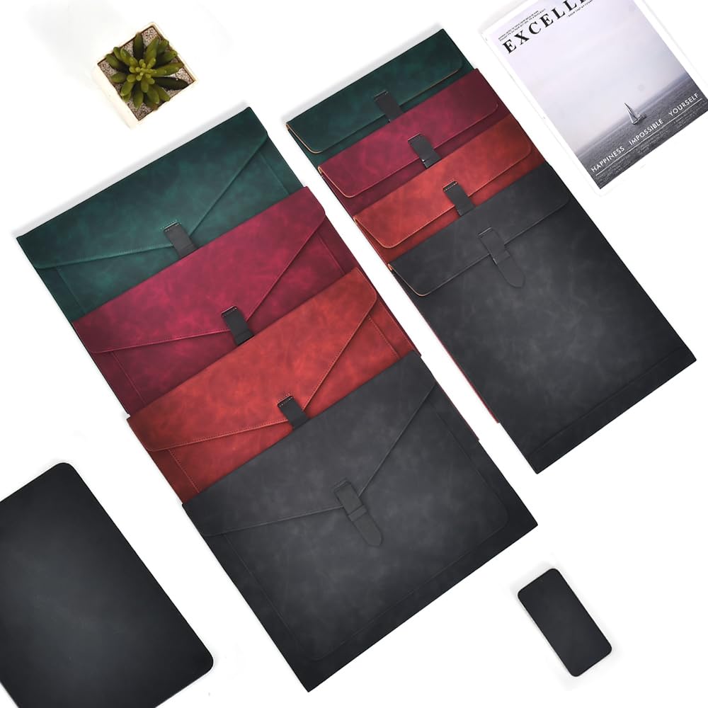 QiXin Black PU Leather File Folder, Snap Closure File Organizer, Important Document Folder with Pockets, Document Organizer, Laptop Sleeve Notebook Case, A4 Envelopes Filing Folder