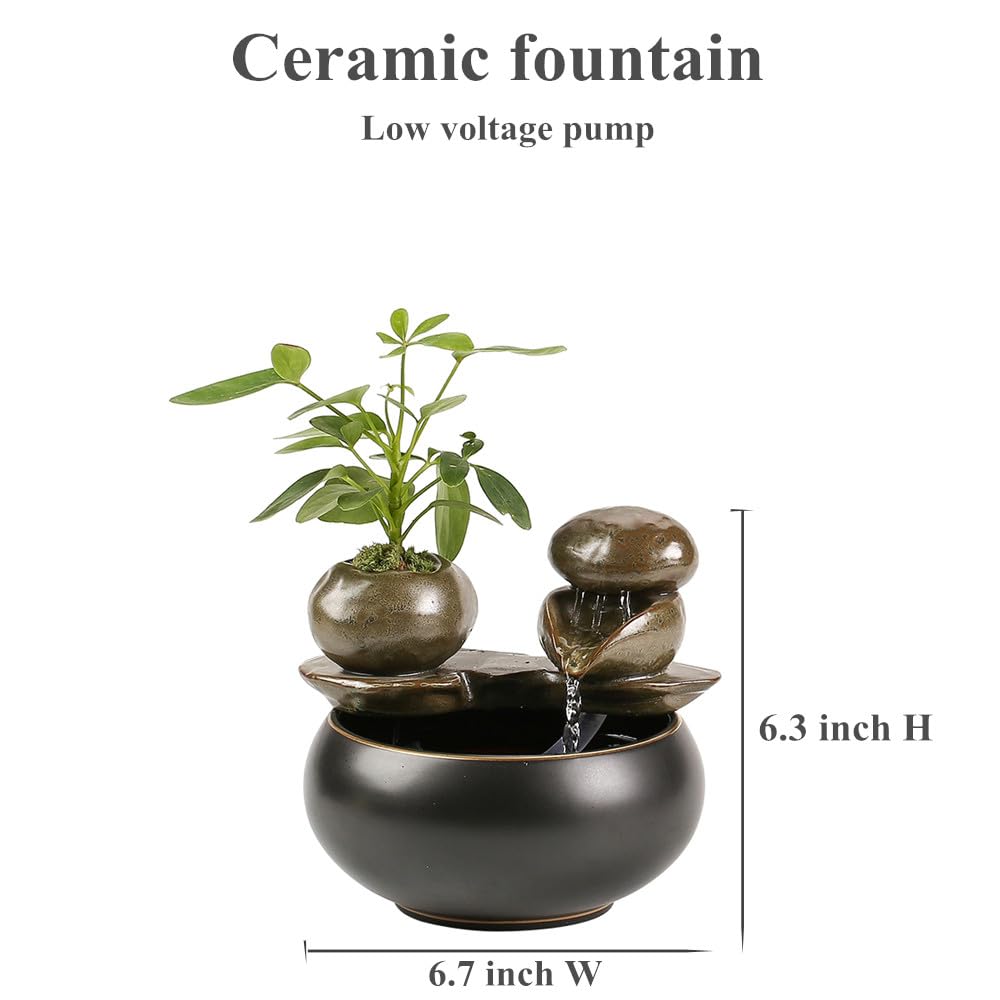 Ceramic Tabletop Fountain for Indoor and Home Decoration Table Desk Office Patio (Black 2)