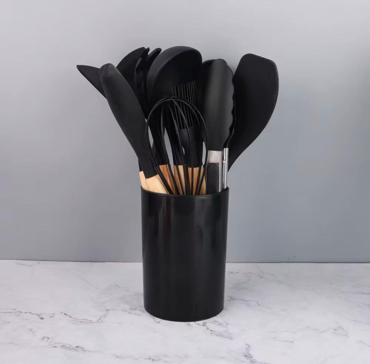 Silicone Kitchen Utensil Set with Wooden Handles – 12 Pieces + Holder, Heat Resistant, Non-Stick Cooking Tools (Multiple Colors (black)