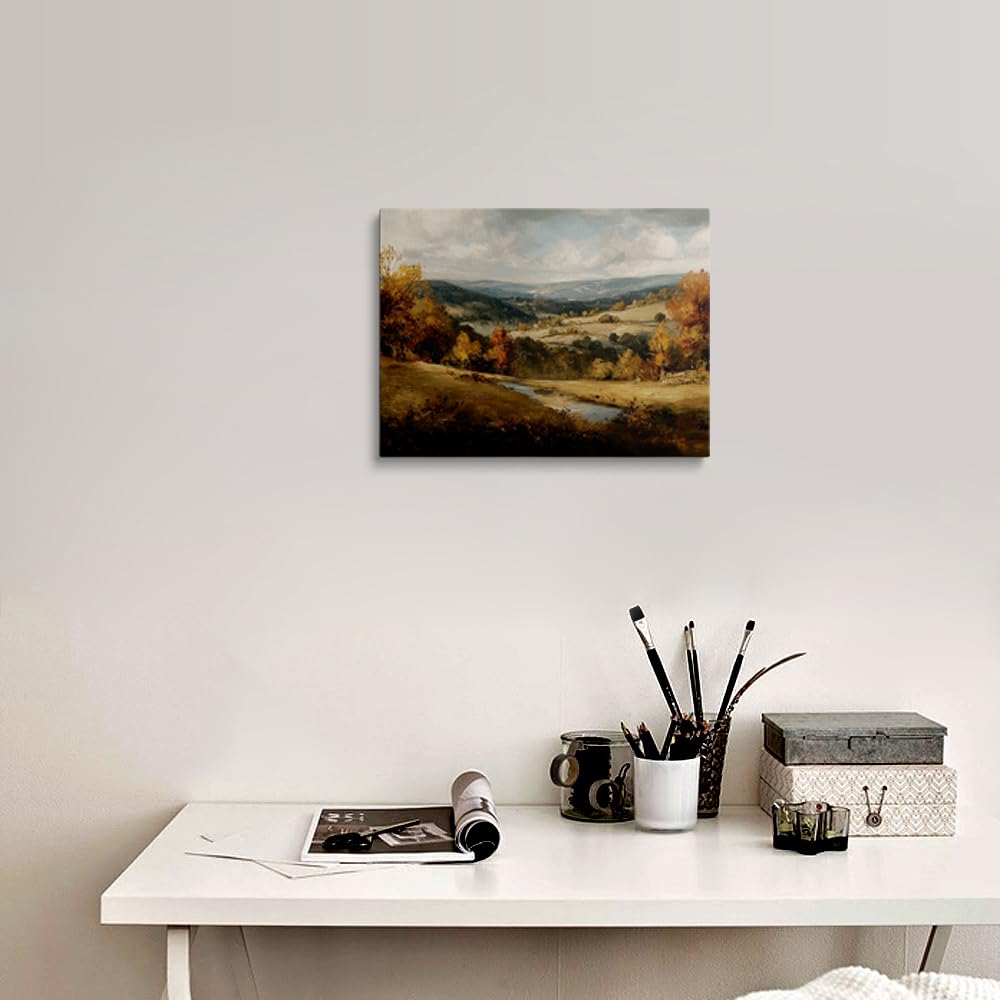 Autumn Mountain Landscape Canvas Wall Art Framed Oil Painting Moody Forest Stream Rolling Hills Calming Nature Scene Wall Decor Artwork Print Poster for Living Room Office 12x16 Inches