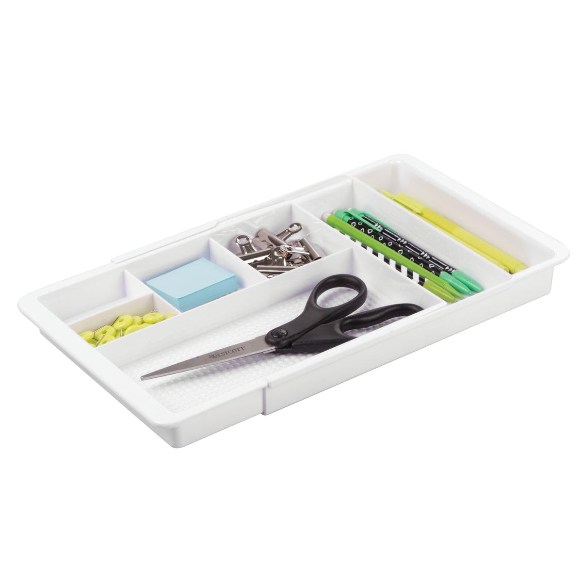 mDesign Expandable Plastic Drawer Organizer and Storage Container for Office Supplies - Gel Pen Pencil, Marker, Stationary, Desk Supply Holder for Drawers and Desktop - Lumiere Collection - White