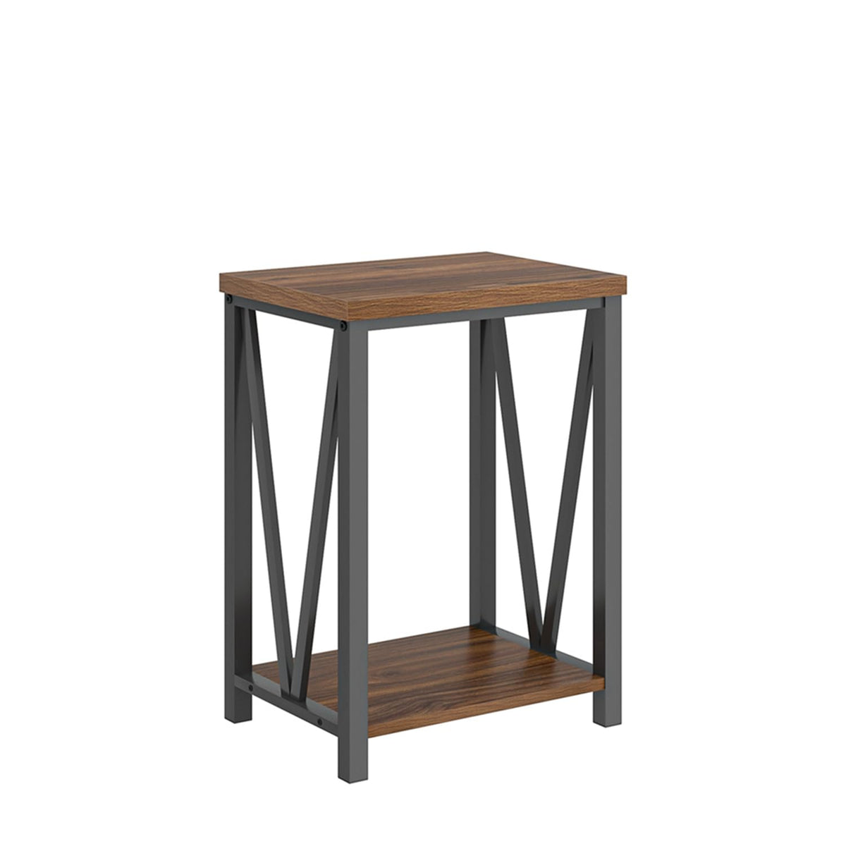 FOLUBAN Small End Table, Rustic Wood and Metal Side Table with Storage, Modern Night Stand for Living Room Bedroom Office, Walnut