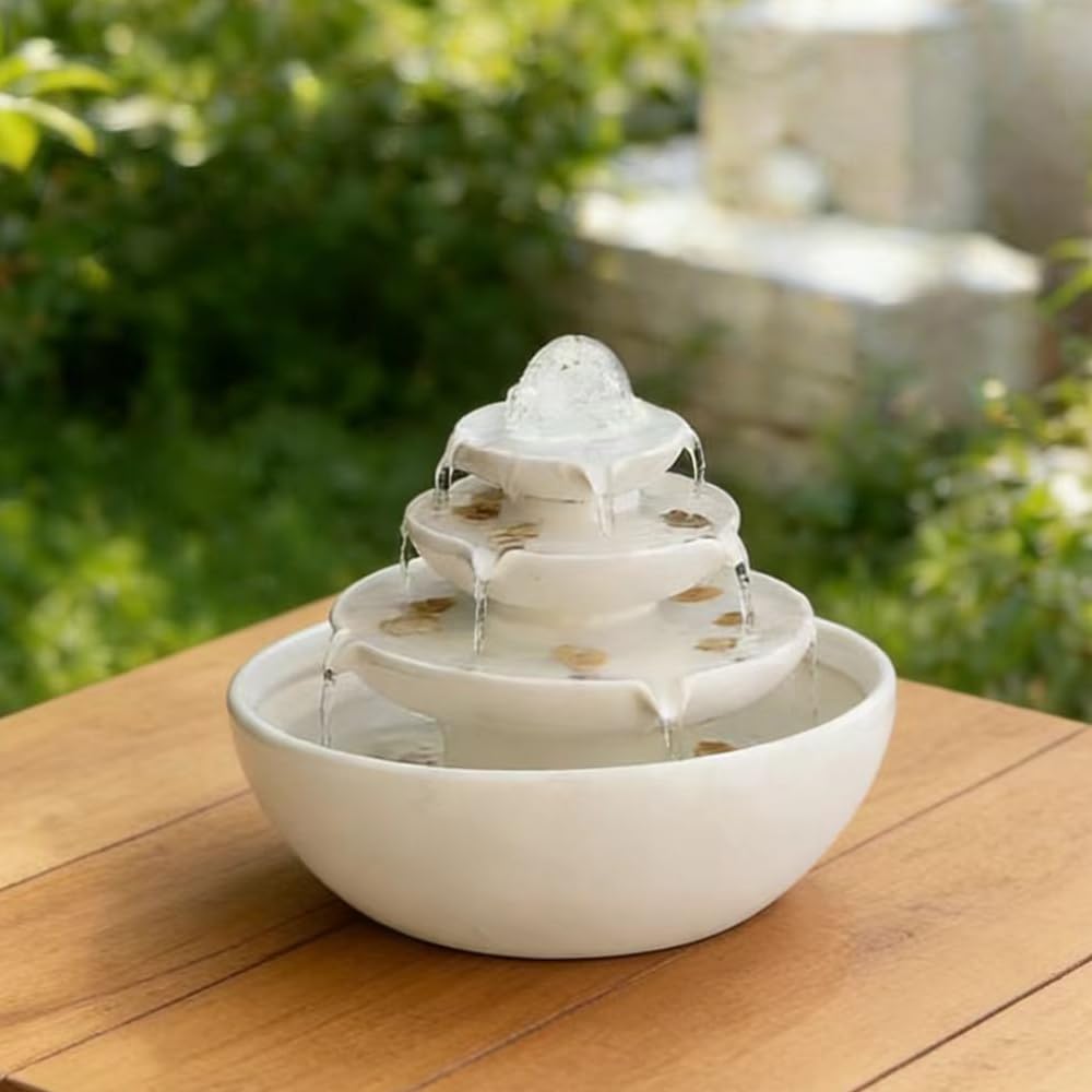 Ceramic Tabletop Fountain with Ball for Indoor Table Desk Office Patio (White A200)