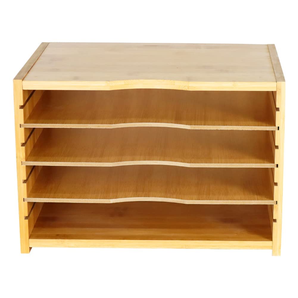 WKWKER File Organizer with 3 Adjustable Shelves Bamboo Document Letter Tray Paper File Sorter for Desktop Office Home Study Workstation Desk Storage Rack (Natural)