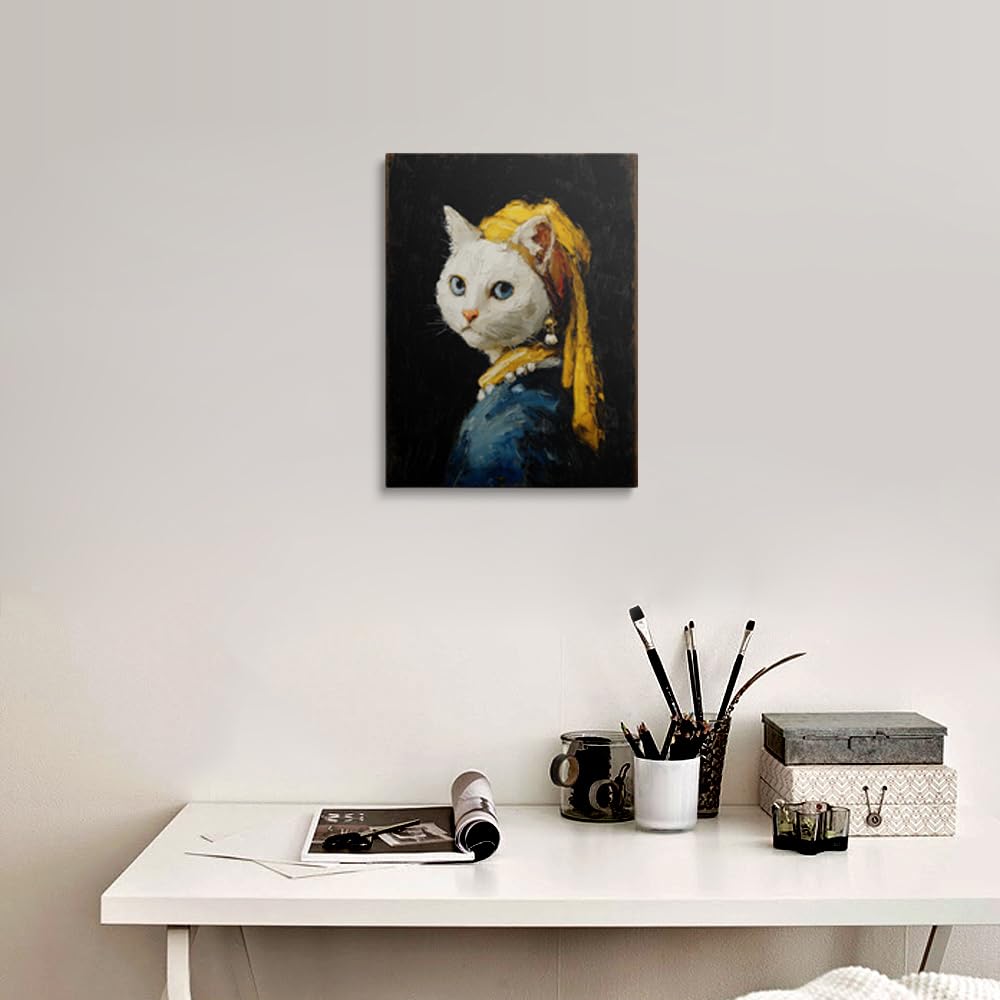 Whimsical Cat Portrait Canvas Wall Art Framed Oil Painting Inspired by Classic Masterpiece with Pearl Earring Yellow Scarf Blue Eyes Modern Humorous Wall Decor Artwork for Bathroom Office 12x16 Inches