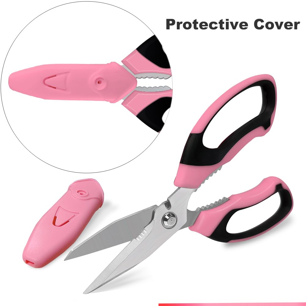 FTECYBO Heavy Duty 8'' Multipurpose Scissors with Protective Cover, Stainless Steel Serrated Blades, Easy Cutting Cardboard, Leather, Fabric, Wires (PINK)