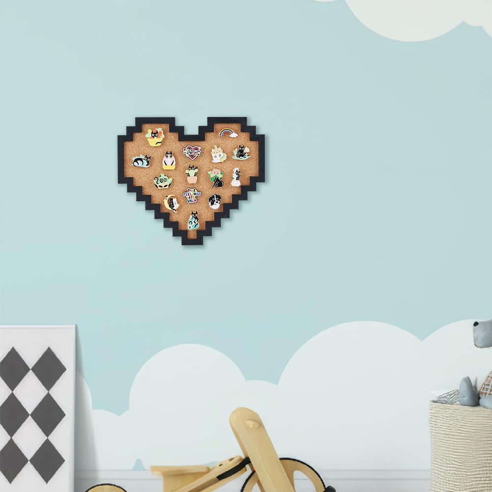 BENECREAT Pin Board Pixel Heart Cork Board, 0.8inch Thick Wall Mounted Cork Board Bulletin Display Board for Brooch Pin Storage, Office Home Festival Home Decor, 9x7.9inch