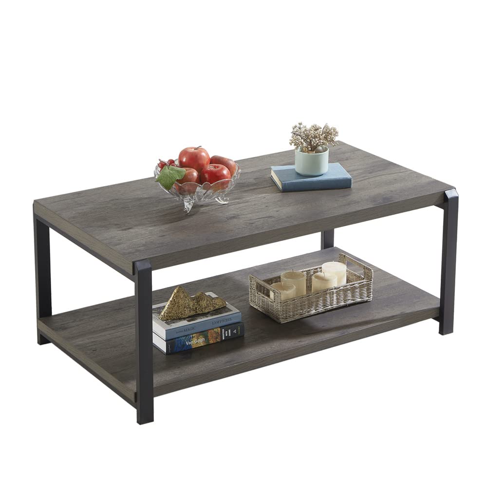 EXCEFUR Coffee Table with Storage Shelf, Rustic Wood and Metal Cocktail Table for Living Room, Grey