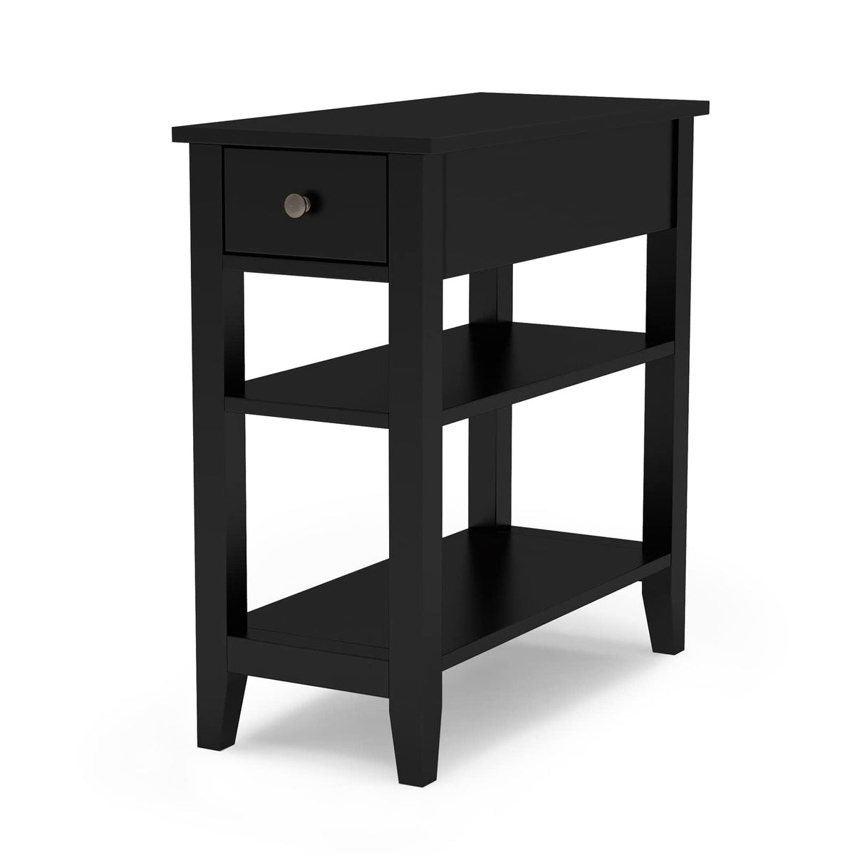 ChooChoo Side Table Living Room, Narrow End Table with Drawer and Shelf, 3-Tier Sofa End Table for Small Space, Black