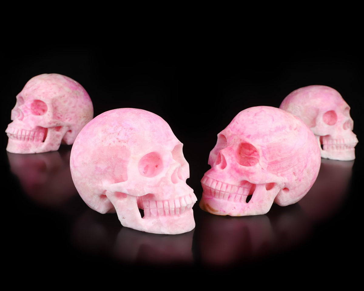 Skullis 5.1" Pink Aragonite Crystal Skull, Hand Carved Gemstone Fine Art Sculpture, Reiki Healing Stone Statue.1469
