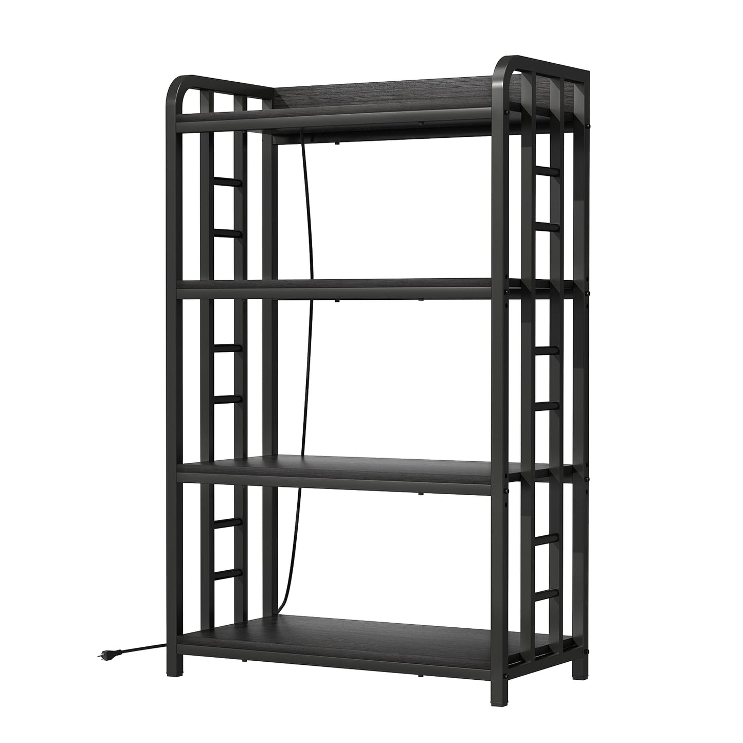 TIFFLOI Adjustable Bakers Rack with Power Outlet, 4 Tier Microwave Oven Stand, Heavy Duty Kitchen Storage Rack for Garage Dining Room, Black