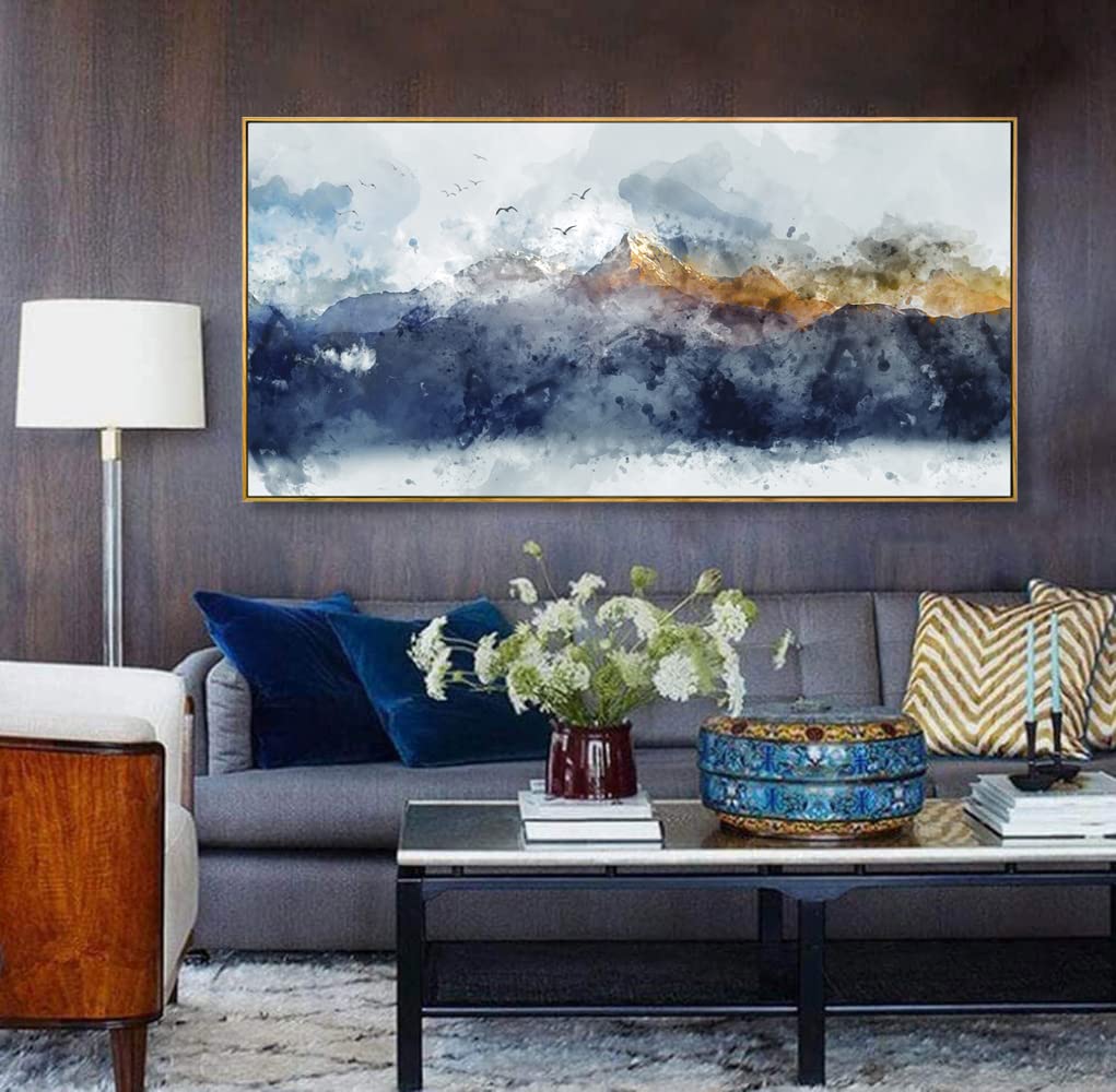vgrozirh Framed Ready to Hang Wall Art Blue Clouds Yellow Mountain Peaks Indigo Ink Abstract Mountain Landscape Artwork Canvas Painting Prints for Living Room Bedroom Office Large Decor 24"x48"