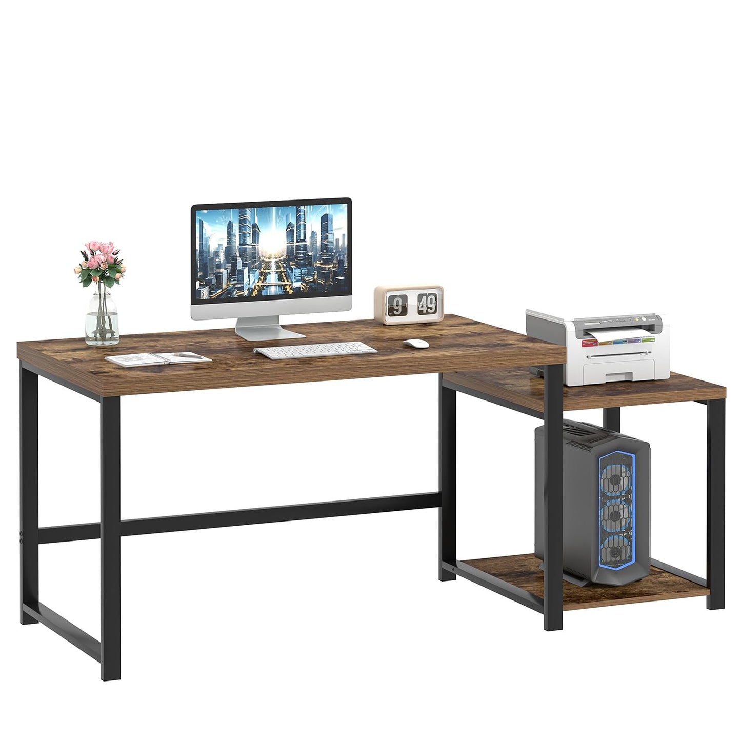 FOLUBAN Large Computer Desk for Home Office with Printer Space, Wood Study Gaming Workstation Table with Storage Shelves, Long Writing Desk for Bedroom Living Room, Rustic Brown, 63 Inch