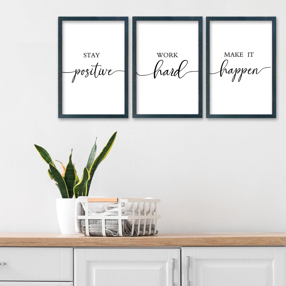 SRSZHIYUE Office Motivational Decor 16"×11" Set of 3 Stay Positive Work Hard Make It Happen Inspirational Quotes Wooden Framed Wall Hanging Art (Black)