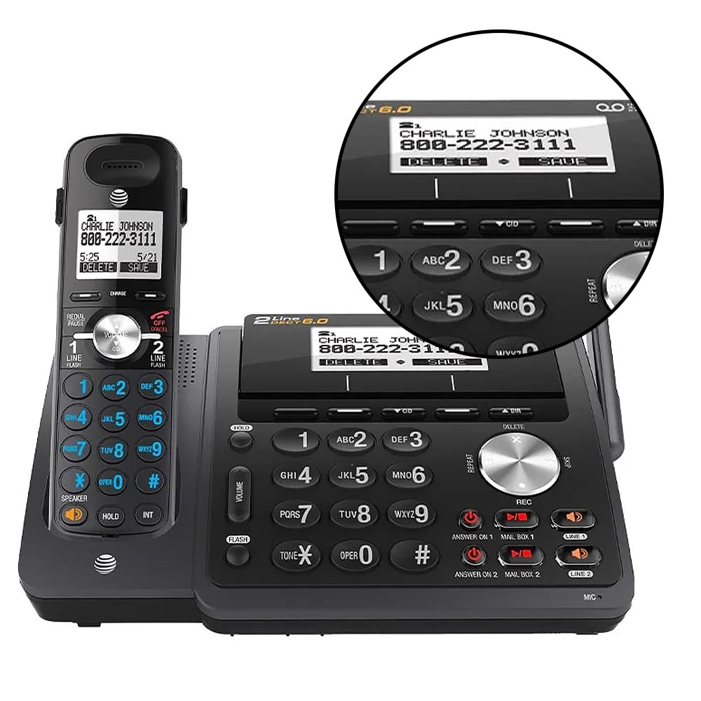 AT&T TL88102BK DECT 6.0 2-Line Expandable Cordless Phone with Answering System and Dual Caller ID/Call Waiting, 2 Handsets, Black