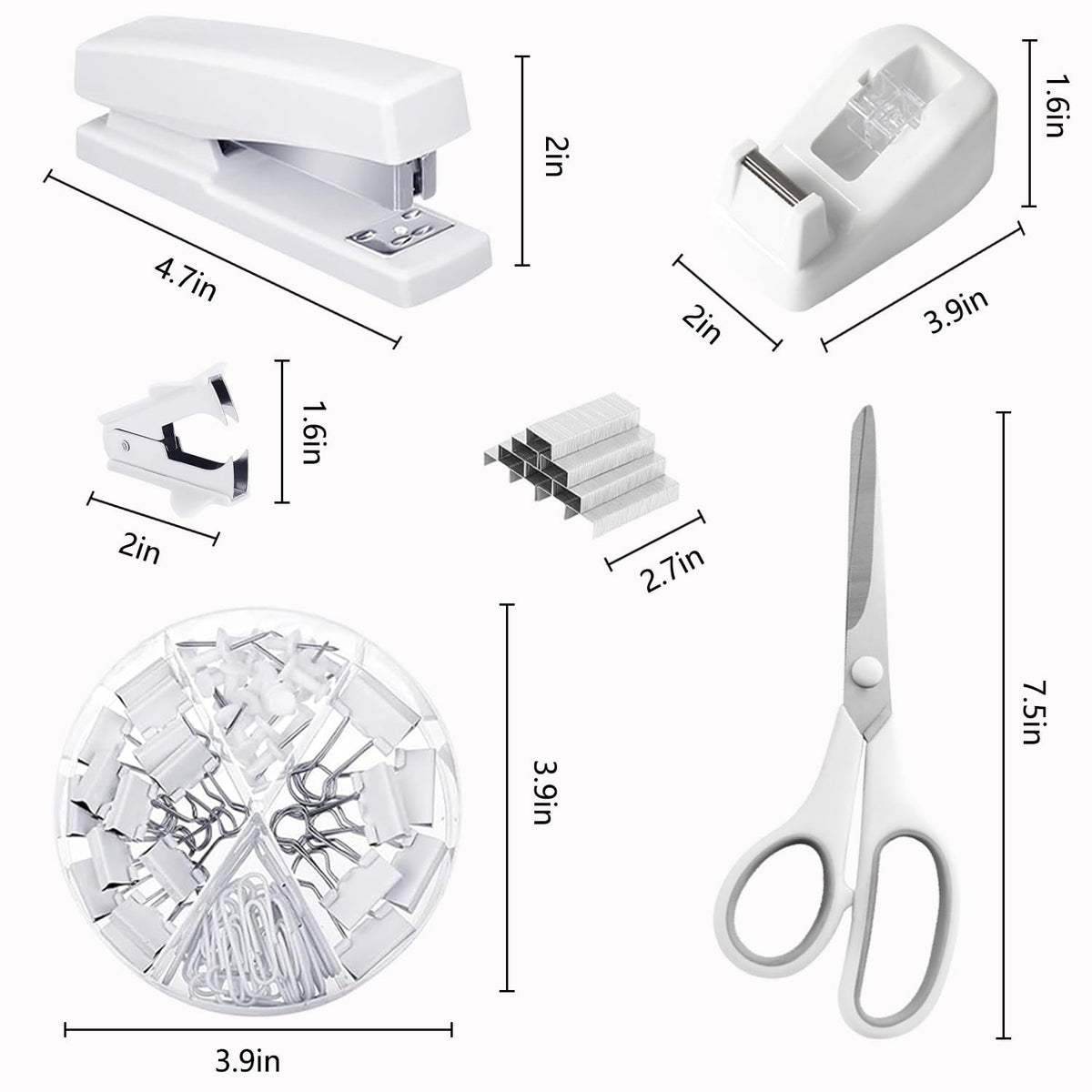 Office Supplies, White Desk Accessories,Desk Organizer,Phone Stand,Scissors,Stapler,Tape Dispenser,Binder clips,Staples,staple remover,Sticky Notes,Index Tabs,Clear Tape,Mini Box Cutter,Cool Pen.16pcs