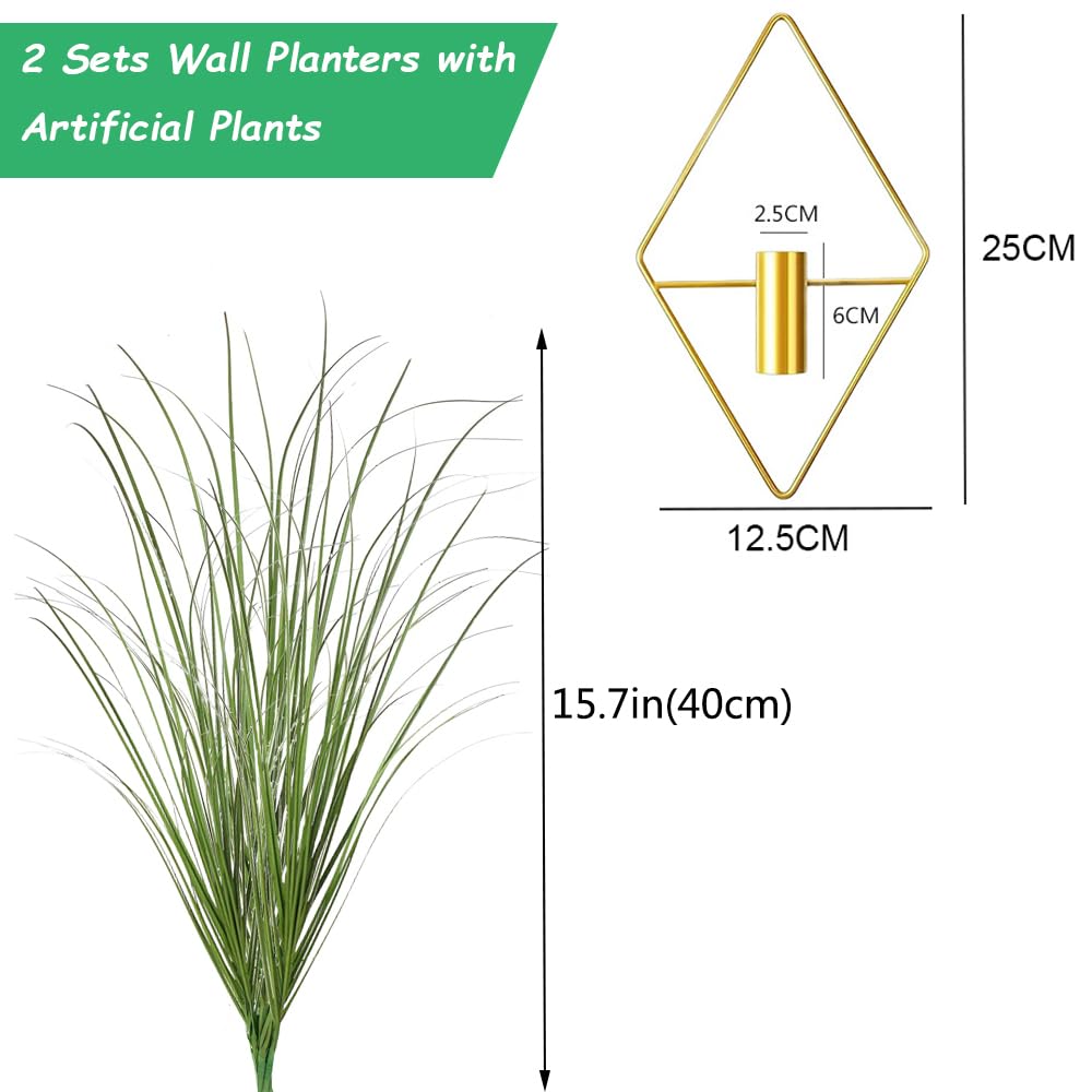 Hanging Planters with Artificial Plants, 2pcs Diamond Shape Metal Hanging Vase with Artificial Shrubs Wheat Grass Greenery Indoor Plants Holder Wall Decor for Home Living Room Bedroom Office (Gold)