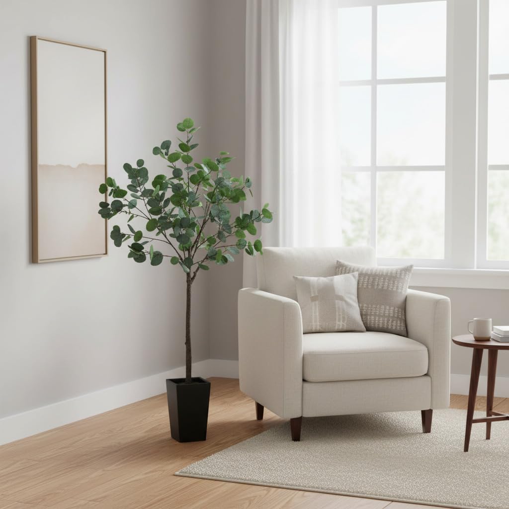 Aveyas 5ft Artificial Eucalyptus Tree for Home Decor, 5 ft Large Faux Floor Plant Fake Silk Trees with Pot for Indoor Outdoor House Living Room Office (5 Feet Tall Including Raised Pot)