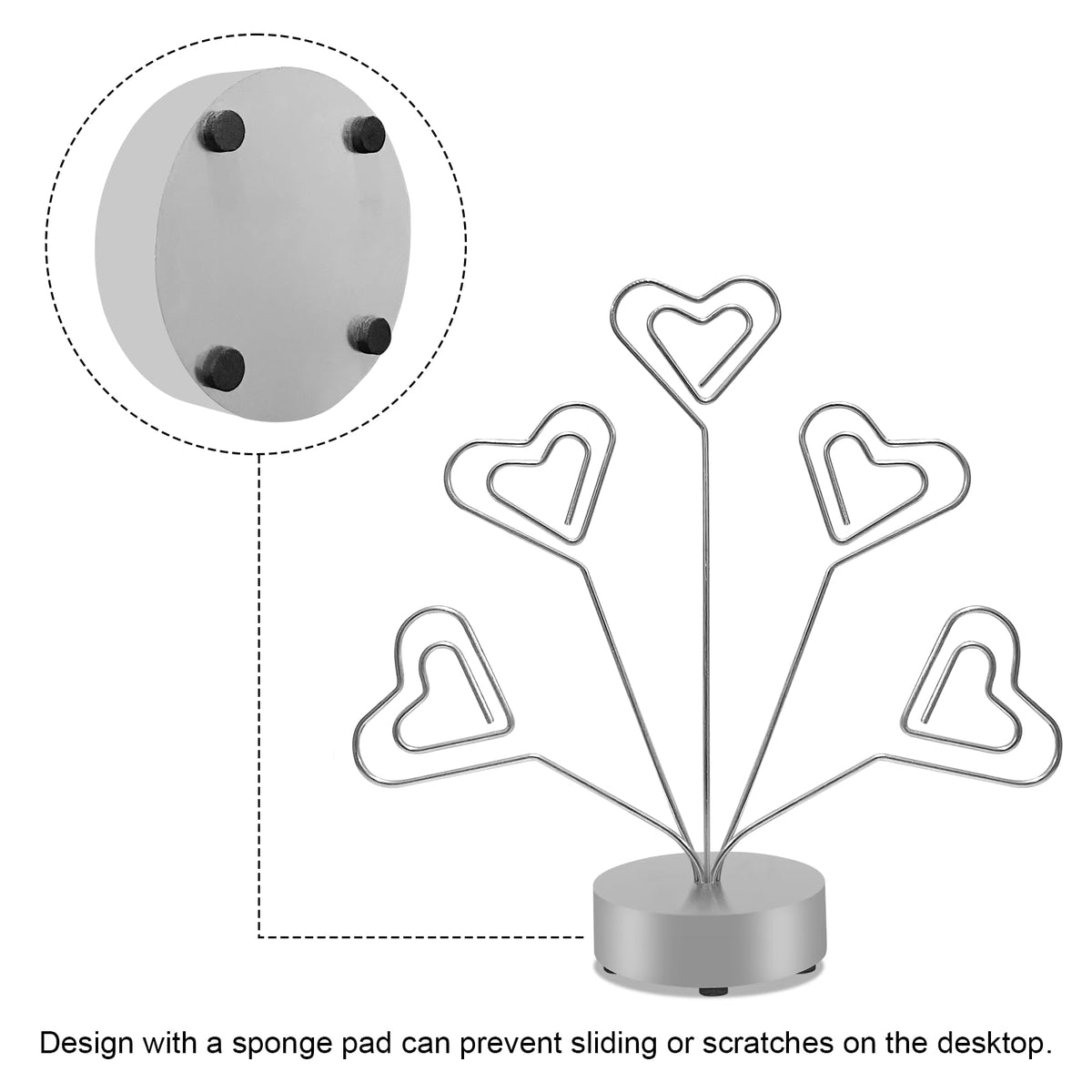 FaitAtten Desktop Heart-Shaped Photo Tree Style Holders Round Base,5-Branch Family Picture Frame Clips Holder Desk Card Display Stand for Christmas,Wedding, Birthday Party,Gift Silver