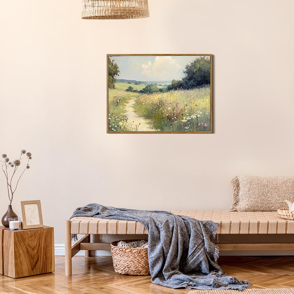 Framed Canvas Wall Art Prints Oil Painting Wildflower Aesthetic Room Decor Serene Country PathLandscape Abstract Poster Pictures Prints for Bathroom, Bedroom LivingRoom 8×10inch
