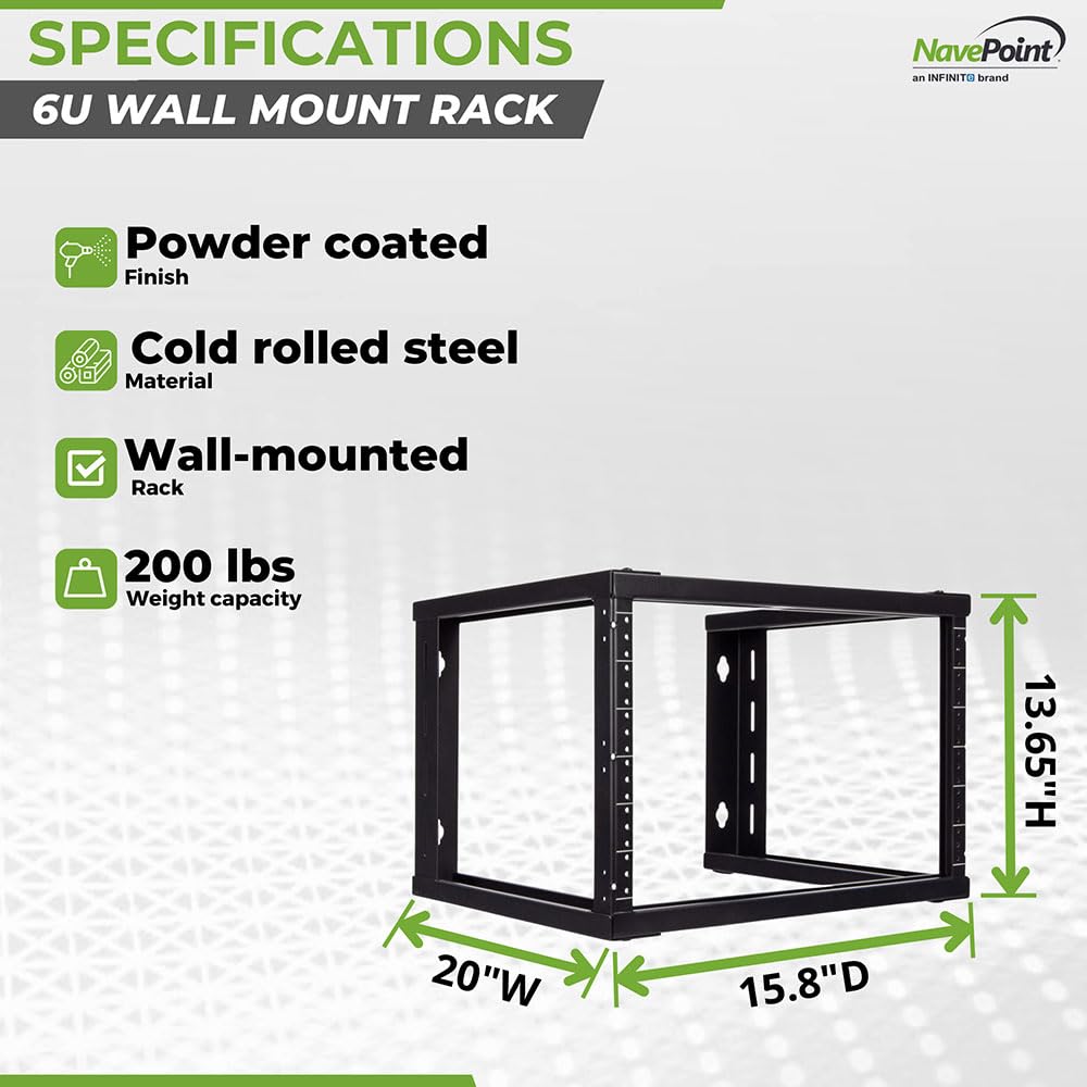 NavePoint 6U Wall Mount Open Frame 19 Inch Server Equipment Rack Threaded 16 inch Depth Black