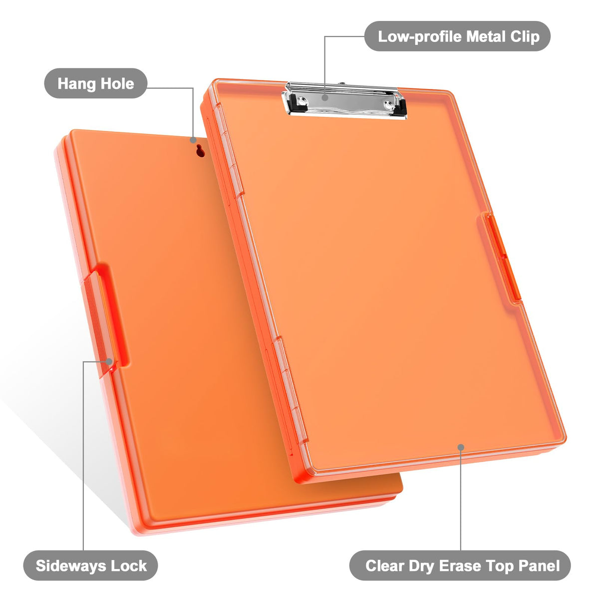 Piasoenc Clipboard with Storage, 8.5 x 11 Clip Boards with 2 Storage Case and A4 Paper Folder, Clear Dry Erase Top Panel, Heavy Duty Plastic, Folio & Side Opening, for Nurses, Teachers, Lawers,Orange