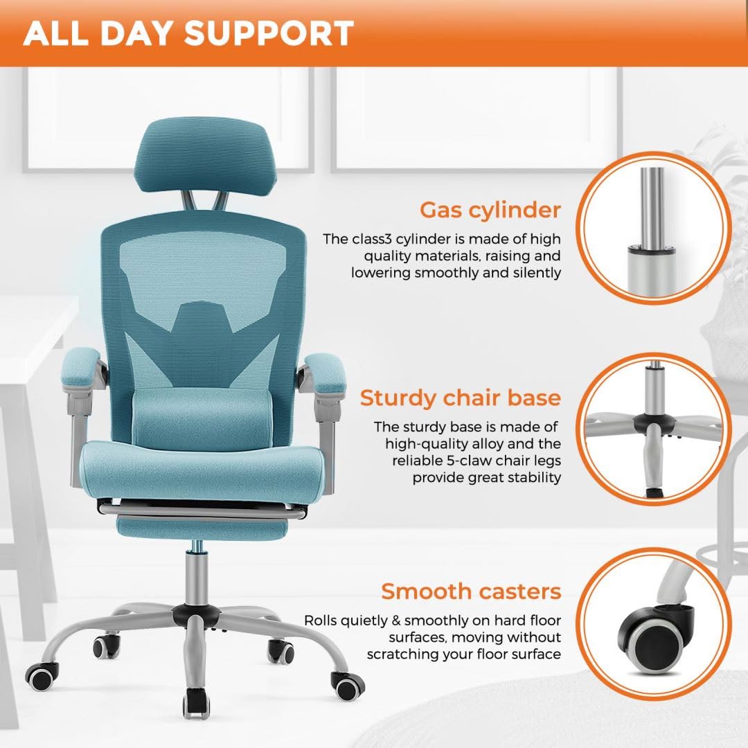 Ergonomic Office Computer Desk Chair with Lumbar Pillow and Retractable Footrest, High-Back Mesh Rolling Swivel Armchairs for Home, Gaming, Student, Blue
