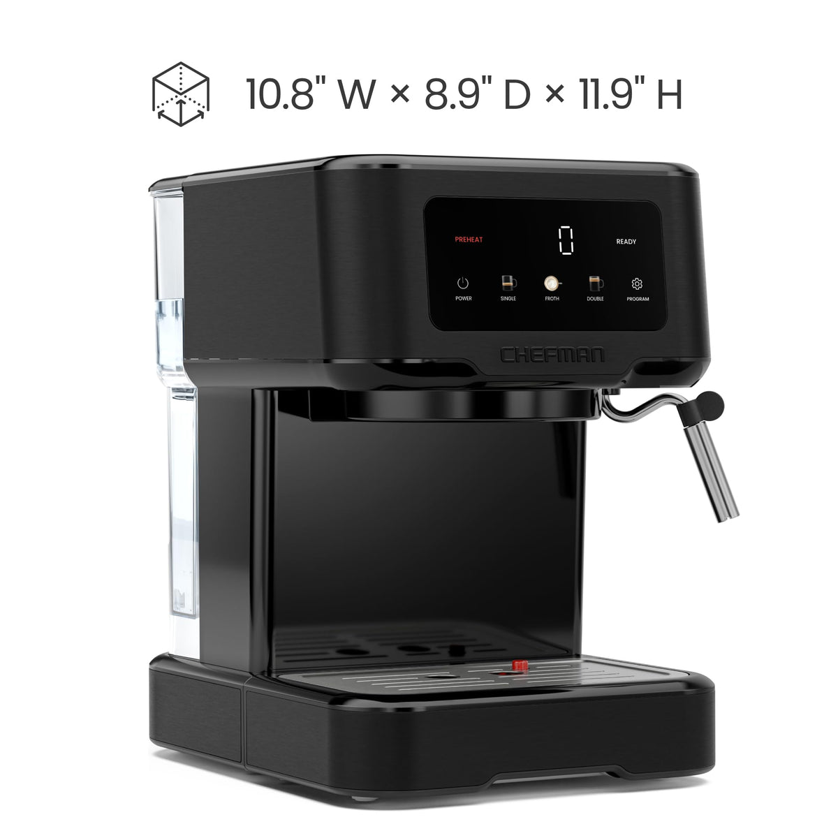 Chefman CraftBrew Espresso Machine, 15-Bar Pump Digital Espresso Maker w/Steam Wand for Latte & Cappuccino, Compact Espresso Coffee Machine w/ 1.5L Removable Water Reservoir - Stainless Black