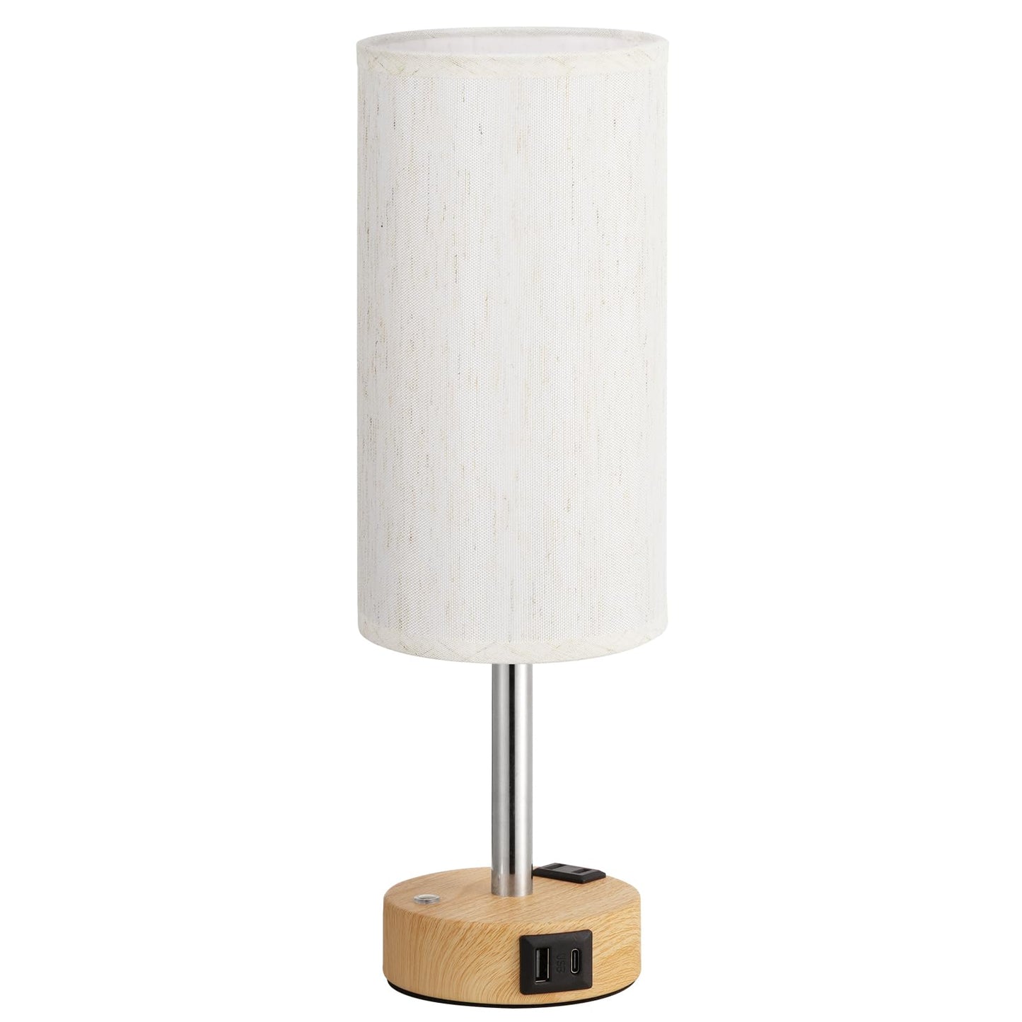 Touch Bedside Table Lamp with Memory - Stepless Dimmable Lamp for Bedroom, Small Nightstand Lamp with Dual USB Charging Ports and AC Outlet, Wood Night Light, Deak Lamp for Nursery, Living Room, Dorm