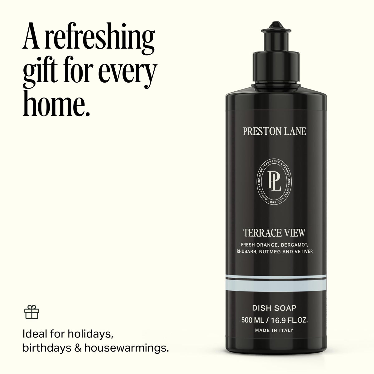 Preston Lane Luxury Dish Soap, Terrace View Scent – Plant-Powered Formula with Essential Oils | Tough on Grease, Gentle on Hands | Vegan, Cruelty-Free, Clean Ingredients