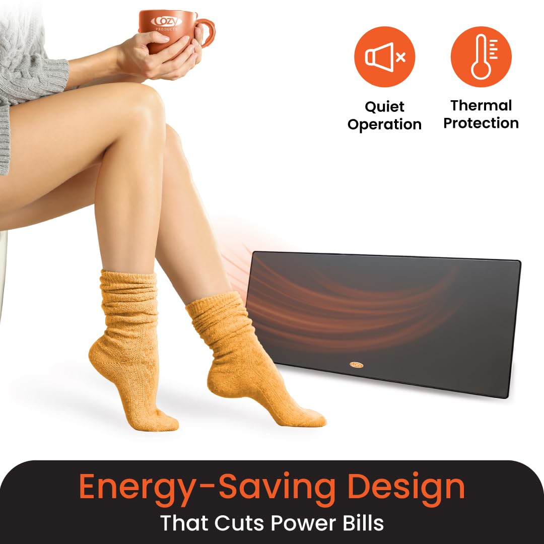 Cozy Products New and Improved Cozy Legs, Flat Panel Space Heater for Home and Office, Portable Heater with Built-in Thermostat, 150-watt, Energy-Efficient, 19" x 8" x 1", 3.2 lbs., Black