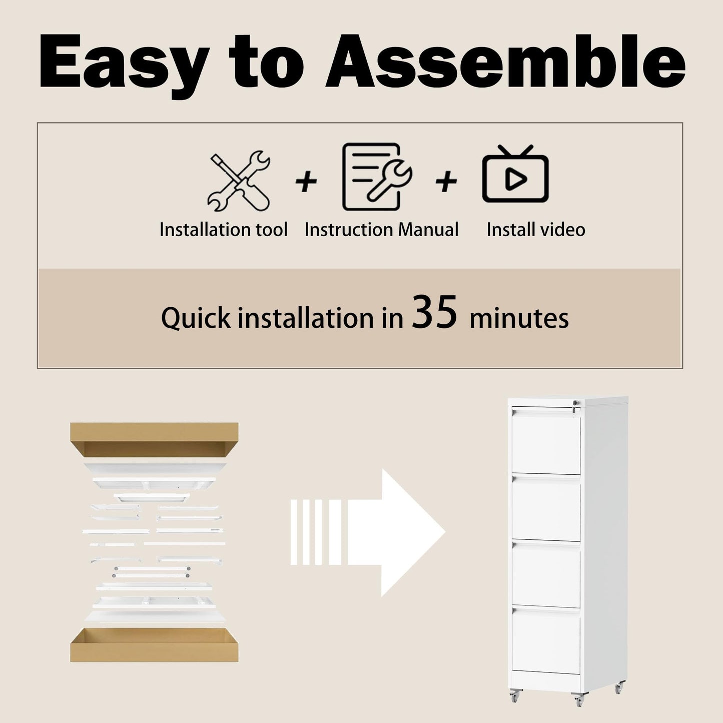 FOSTOKO File Cabinet with Lock, 4 Drawers Filing Cabient with Wheel, Steel Vertical Filing Storage Cabinet for Home Office, Heavy-Duty File Cabinets for Letters/Legal/A4 (Require Assembly, White)