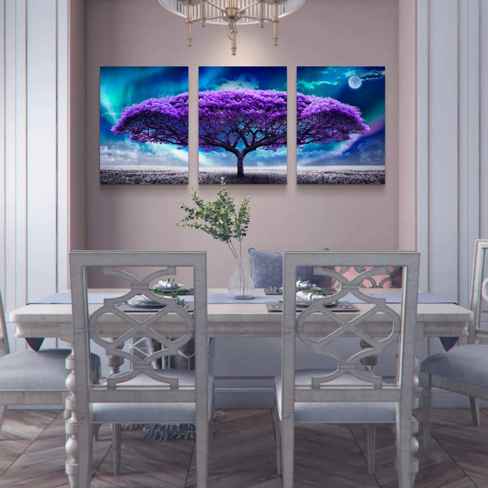 Lapremoly Canvas Wall Art For Living Room Boho Decor Bedroom Farmhouse Pictures Aurora Purple Tree Scenery Paintings Office Prints Dormitory Home Decorations 12'' X 16'' 3 Piece