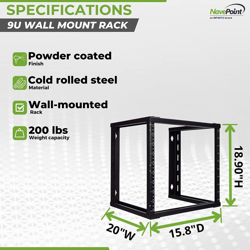 NavePoint 9U Open Frame Wall Mount Server Rack for 19" Networking IT Equipment & A/V, 12-24 Threaded, Compatible with 2-Post Mounting, Black