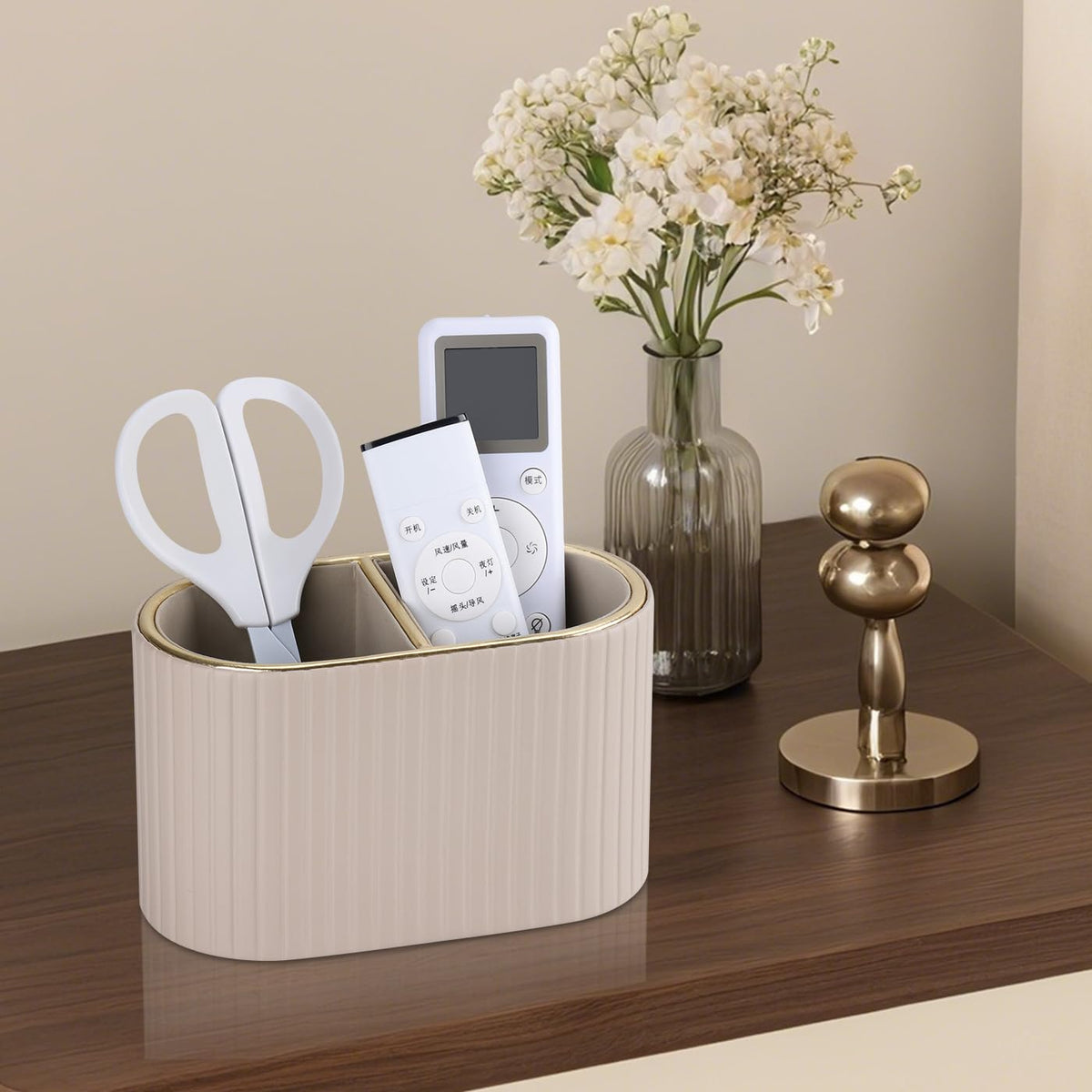 KINGFOM PU Leather Desk Organizer Pen Holder – Dual-Compartment Stylish Pencil Cup Remote Control Holder Desktop Supplies and Accessories Organizer Caddy for Office Home School (Mocha Beige)