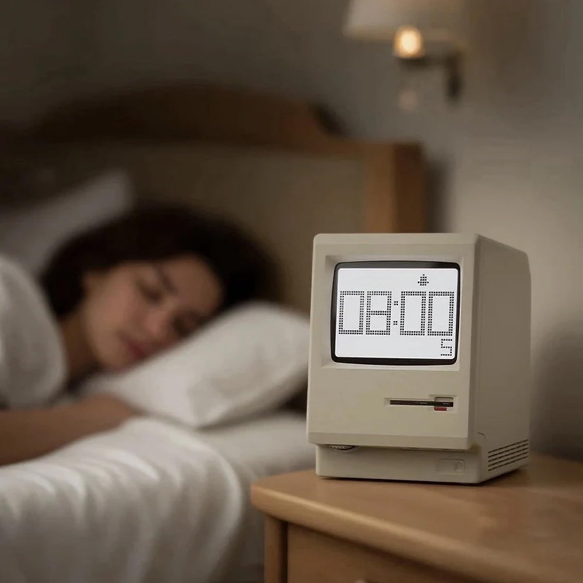 RayCue Maclock WB-8 Retro Pixel Alarm Clock - 1984 Computer-Inspired USB Desk Clock with Pixel Display, Multiple Alarms & Adjustable Brightness | Maclock Calendar, Temperature, Unique Retro Tech Gift