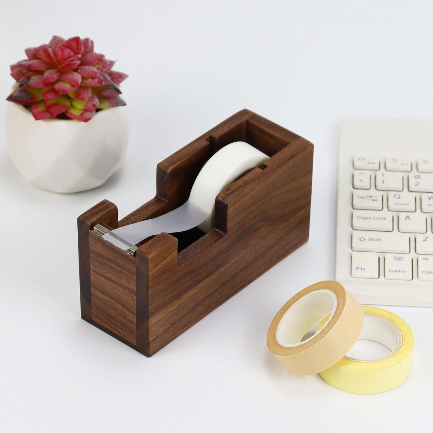 Buqoo Wood Desk Tape Dispenser Natural Walnut Wood Tape Desk Dispenser Cute Packing Tape Dispenser Sturdy and Stylish Adhesive Tape Holder for Office and Home Use (Black Walnut)