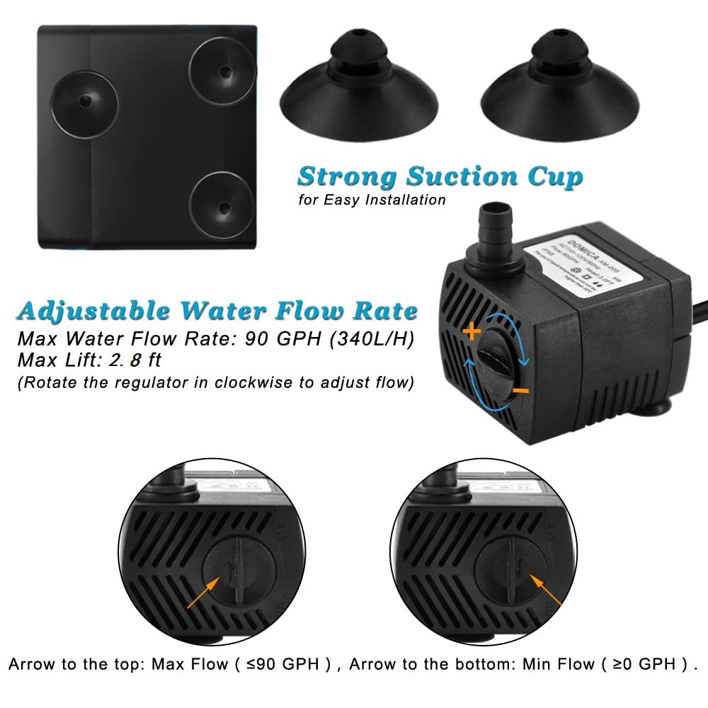 90 GPH Mini Submersible Pump, Small Fountain Pump (5W 350L/H) for water feature, Aquariums, Fish Tank, Tabletop Fountain, Pet Fountain, Indoor or Outdoor Pond Fountain (AC Powered)