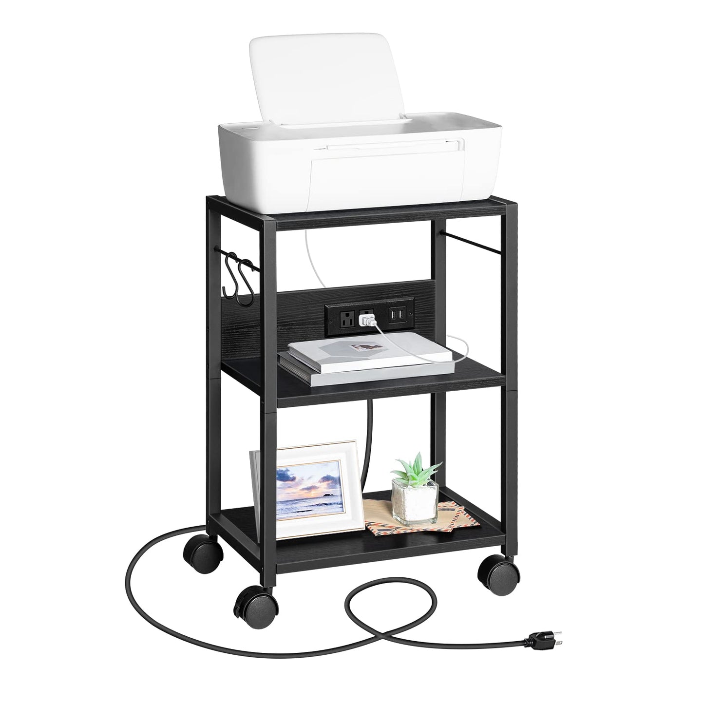 MAHANCRIS Industrial Printer Cart, 3-Tier Mobile Printer Stand, Rolling Cart with Power Outlets and USB Ports, Home Printer Stand with 2 Hooks, for Office, Living Room, Black PTHB40E01
