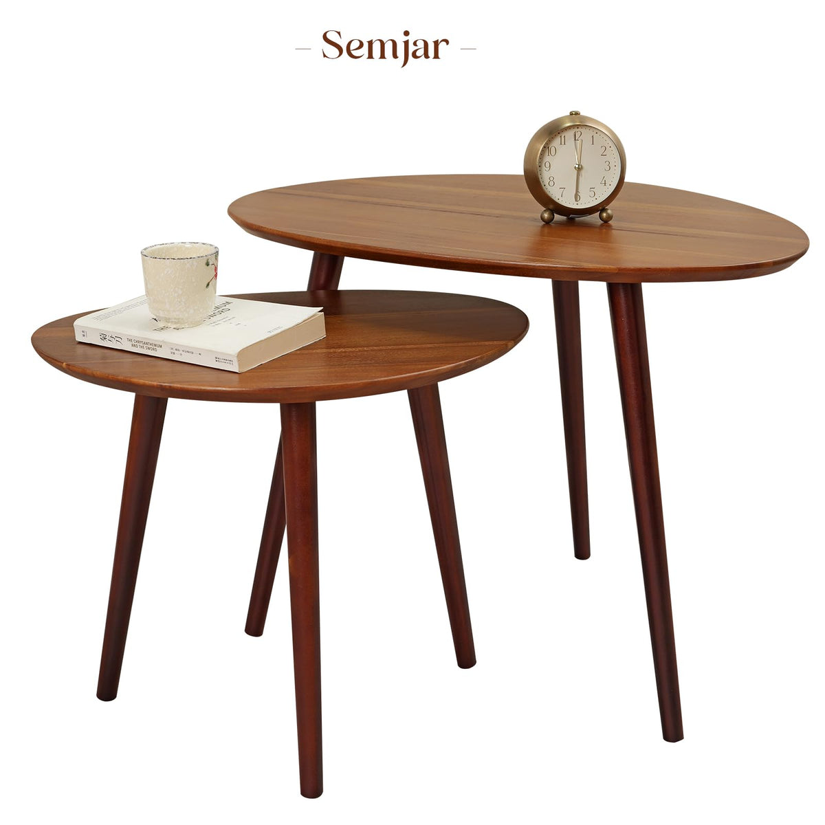 Semjar Small Oval Coffee Tables Set,Acacia Wood Nesting Tables(25.6"x17.7"+17.7"x13.4" for Living Room Small Spaces Office,Easy Assembly Wooden Minimalist Walnut Mid Century Modern Coffee Table
