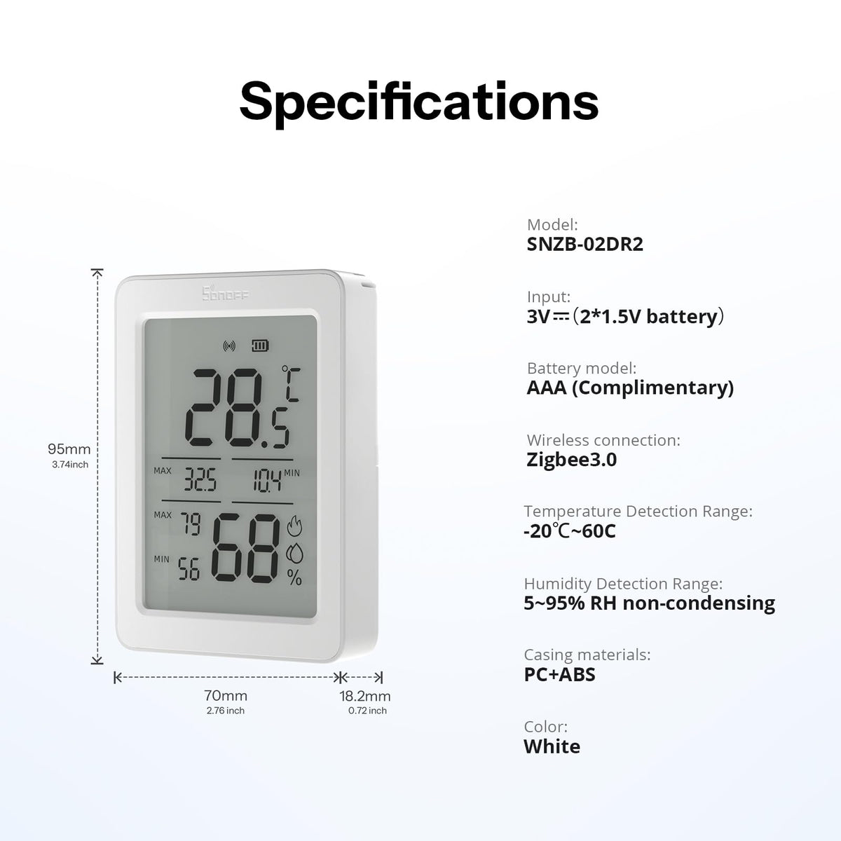 SONOFF AirGuard TH, Indoor Smart Zigbee Temperature and Humidity Sensor, 3.6'' LCD Display, App Monitoring with Charts, Notification Alerts, Data Export, Remote Data Display 2-Pack