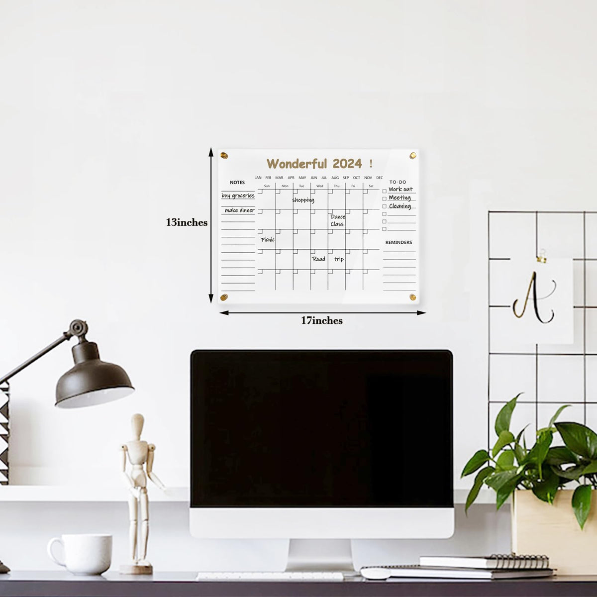 Clear Acrylic Calendar Dry Erase for Wall, Family Planner, Monthly Calendar Dry Erase Whiteboard for Home, Office, 17" x 13"Reusable White Board(Clear-3343)