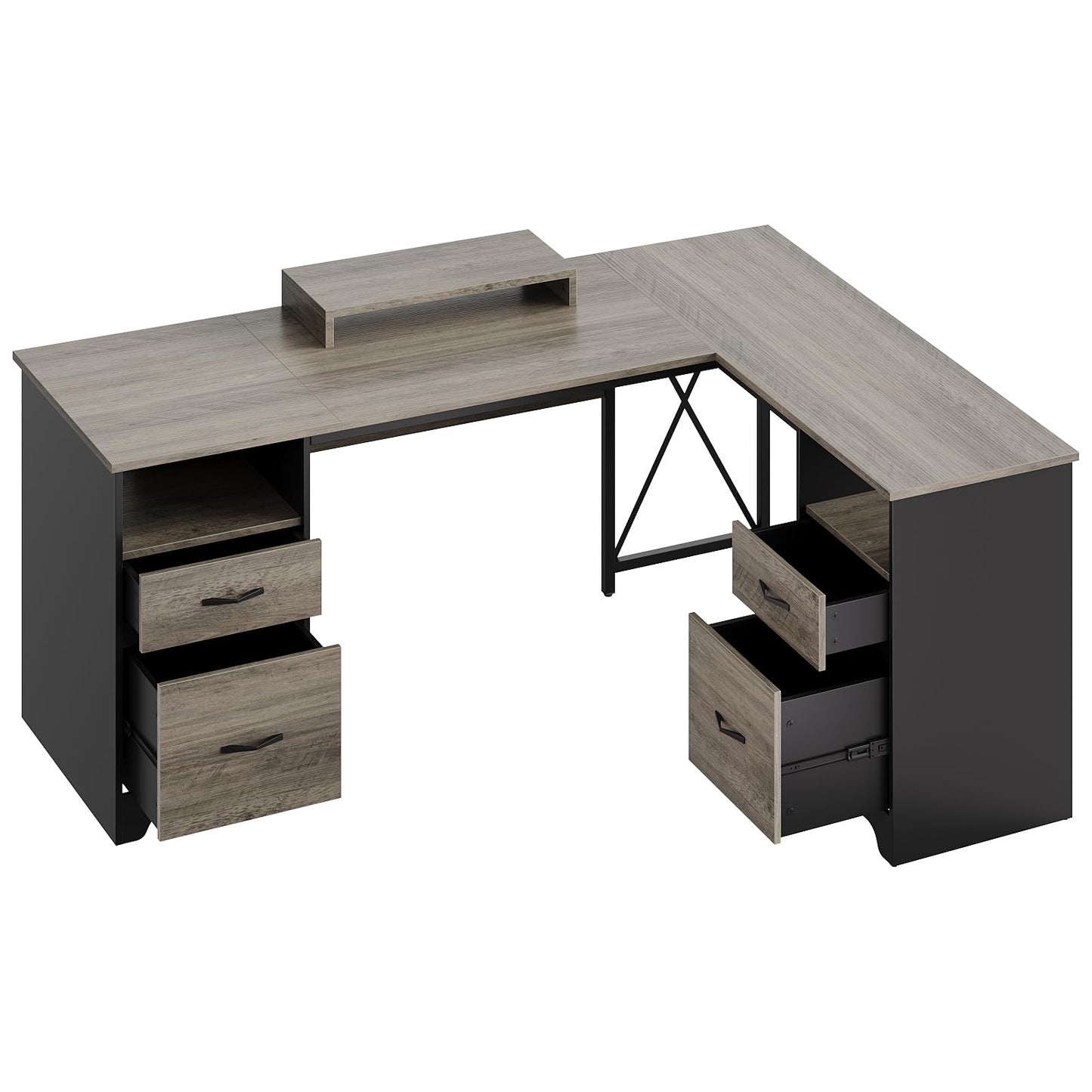Bestier L Shaped Desk with 4 Drawers, 63" x 47" Executive Desk with Open Storage & Monitor Stand, Corner Desk with 2 File Drawers & Modesty Panel for Home Office, Gray