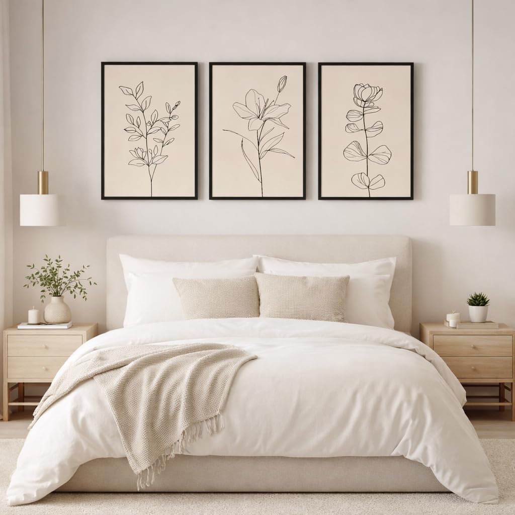 CHTEXA Minimalist Botanical Wall Art Set Of 3 Framed Canvas Prints Neutral Beige Plant Line Art Decor For Living Room Bedroom Bathroom Office 12x16 Inch